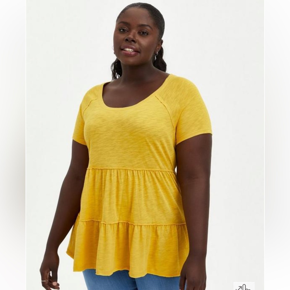 Torrid Yellow Babydoll Slub Scoop Neck Tiered Top